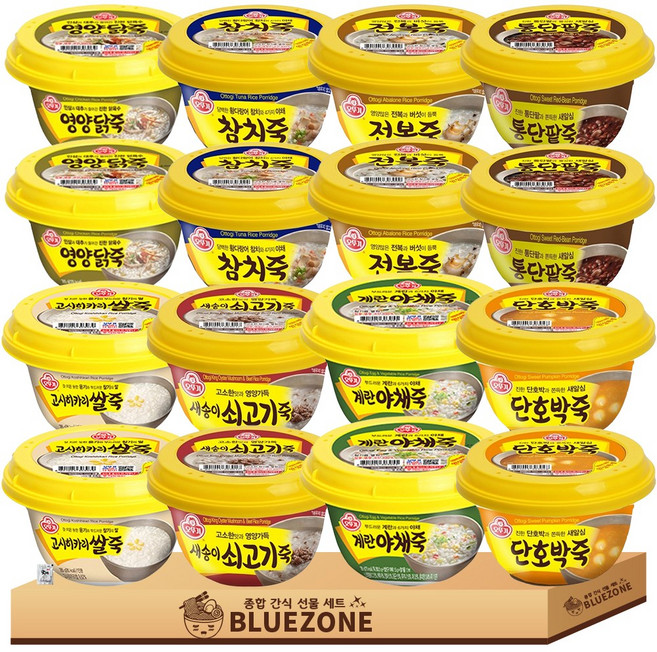 오뚜기죽 8종 16개입 1세트 (전복죽2+새송이쇠고기죽2+영양닭죽2+참치죽2+계란야채죽2+고시히카리쌀죽2+단호박죽2+통단팥죽2), 4.56kg