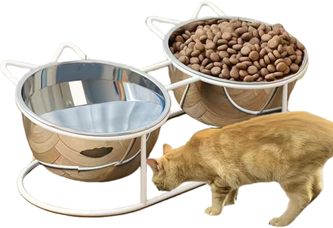 스테인레스 스틸 고양이 밥그릇2구+논슬립 베이스 전복방지 고양이물그릇 개밥그릇 애견식기, 화이트, 14.7*7.6cm