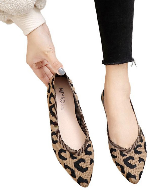 자칠 여성 봄 니트 레오파드 플랫 로퍼 7358