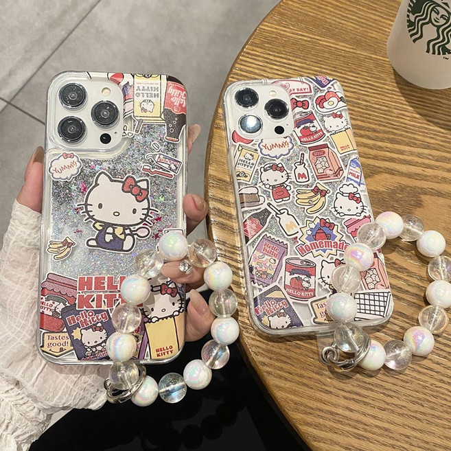 아이폰 16 15 14 13 12 프로 맥스 구슬 스트랩 아쿠아 액체 글리터 반짝이 펄 캐릭터 패턴 투명 실리콘 케이스 PT6699