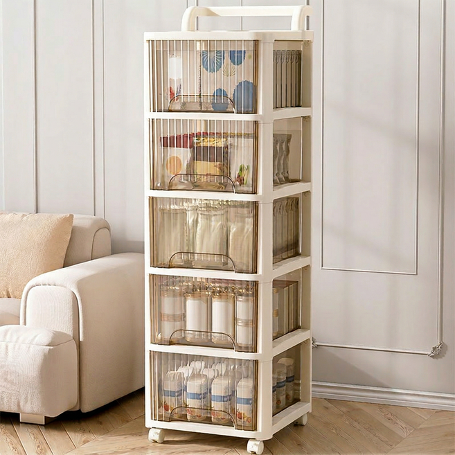 Dune 듀네 타공판 투명 서랍 트롤리 이동식 수납 선반 바퀴형 다용도 거실 주방 인테리어 카트, 5단, 흰색