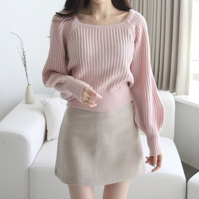 제니트 여성 우아한 실루엣 골지 퍼프 소매 와이드 시보리 스퀘어넥 긴팔 니트웨어