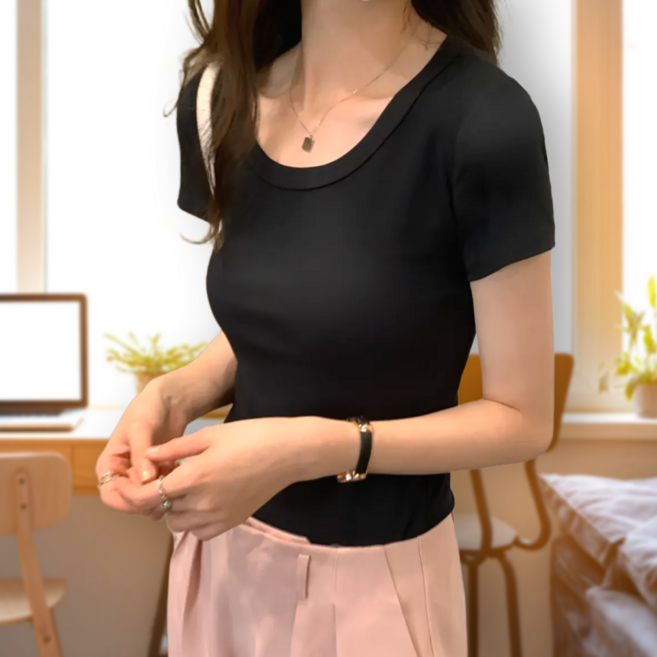 닉스나인 여성 데일리 베이직 U넥 라운드 슬림 골지 반팔티