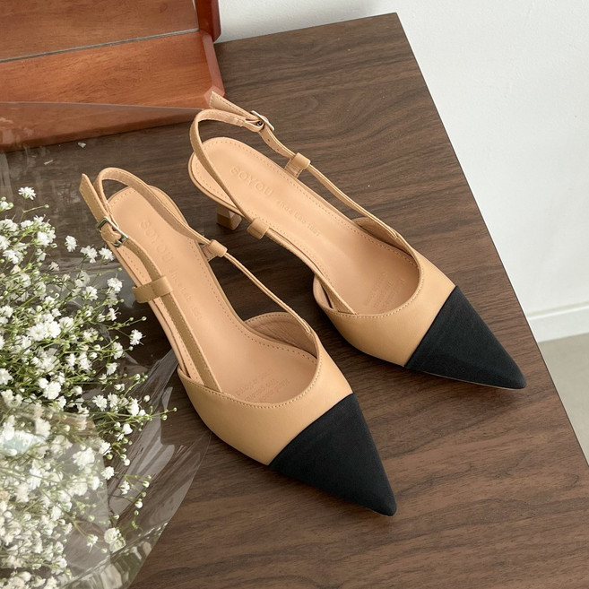 소울리 배색 슬링백 투톤 구두 여성 7cm 펌프스 힐 스틸레토