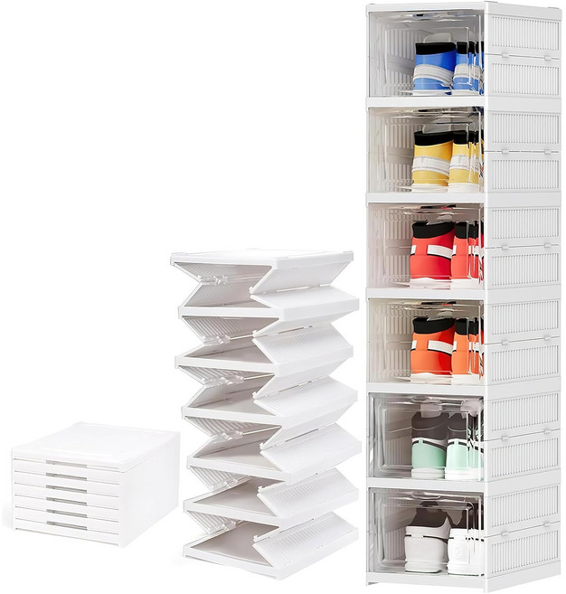 접이식 신발장 정리함 최대 14인치/35.5cm 크기 조립 필요 없음 도어가 있는 쌓을 수 있는 신발장 독립형 플라스틱 공간 절약형 신발장 방진, 6단, 무화과 반동