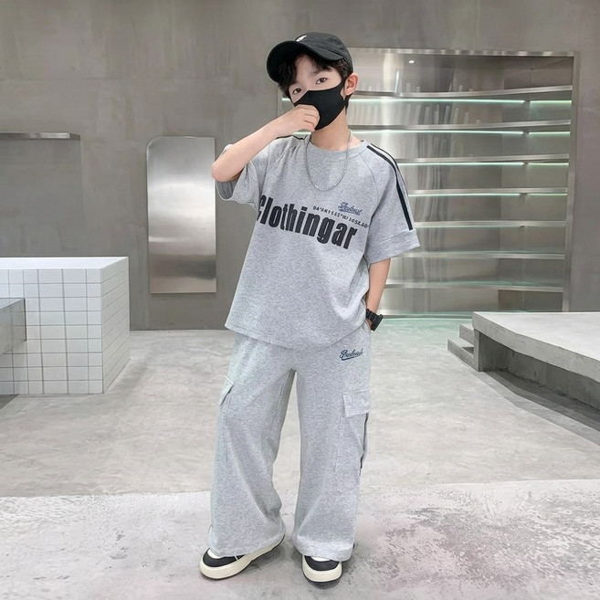 UPPERCUT 아동 여름 상하복세트 초등남아 반팔 긴바지 세트 와이드핏 팬츠 배기바지 통바지 투피스 남녀공용