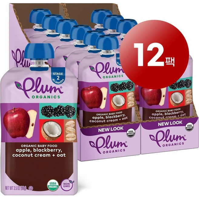 Plum Organics 6개월 이상 유아용 과일 채소 퓌레 이유식 99g 12개, 사과 블랙베리 코코넛 크림 귀리 - 쿠팡