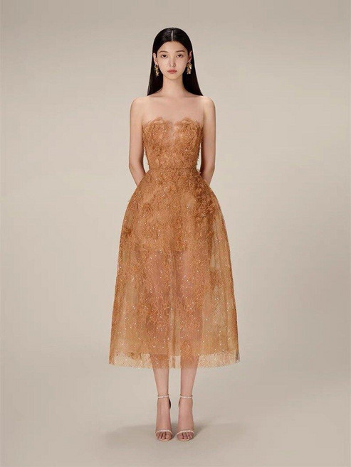 레이스 드레스 꽃 스팽글 생일 우아한 신부 아플리케 패브릭 길이 무도회 큐빅줄, 캐러멜, XL, 1개