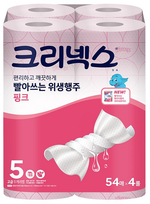 크리넥스 빨아쓰는 위생행주 핑크 54매x4롤, 4개