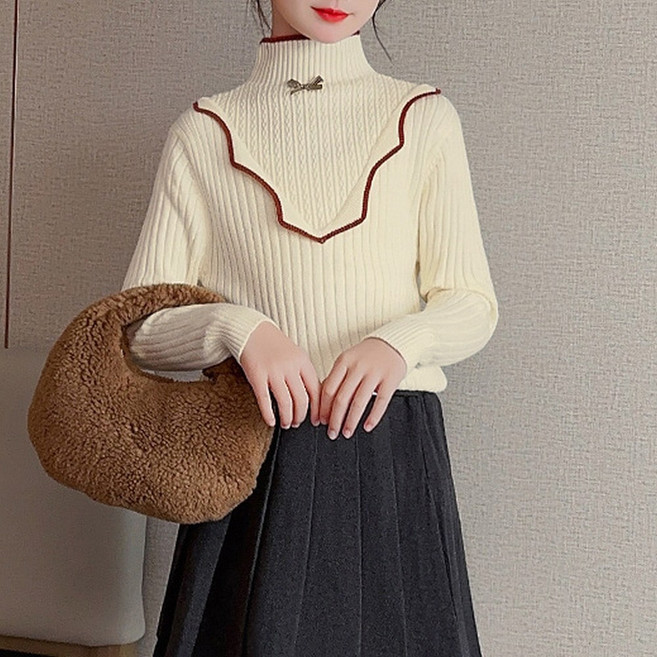 지디오 주니어 여아 물결 배색 리본 목폴라 스웨터 골지 니트 티셔츠 간절기 긴팔티