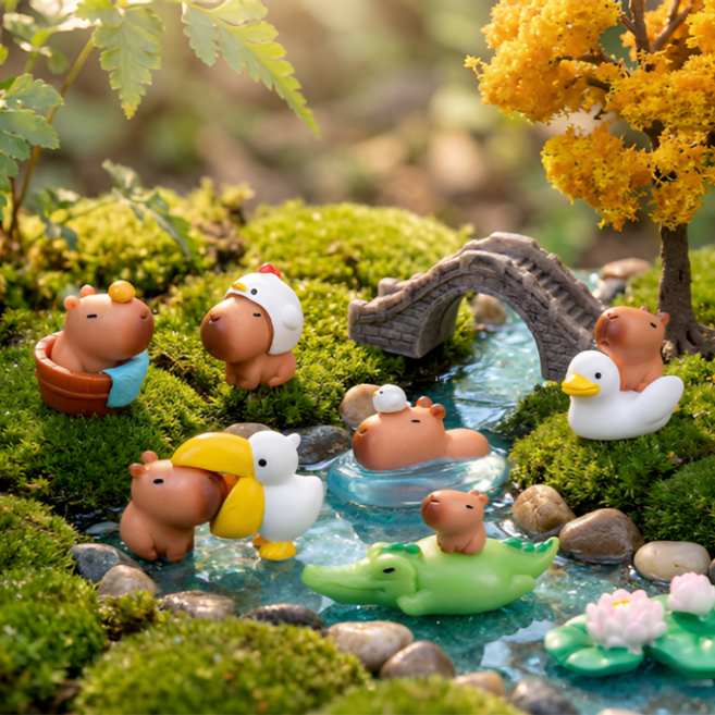 귀여운 카피바라 미니어처 피규어 9종 세트 데스크테리어 차량용 인테리어 소품, 소확행