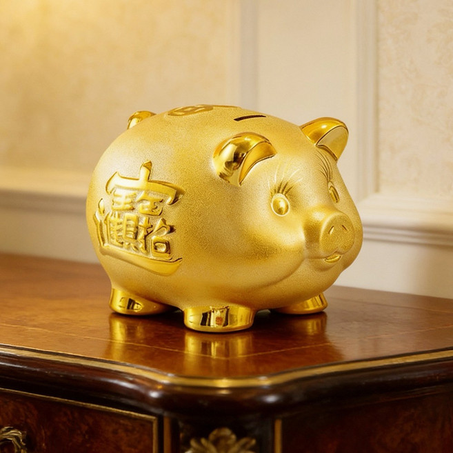 재물 행운 황금 돼지 저금통 황금 돼지저금통 풍수 인테리어 개업 선물, 1개, 금색 M