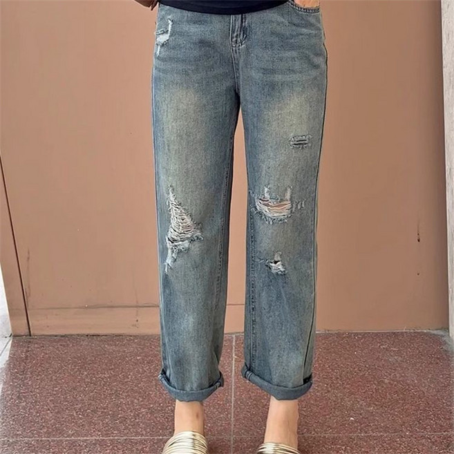 AOKADA 여성 봄 가을 일자 찢어진 청바지 하이웨스트 9부 롤엄 데님 팬츠