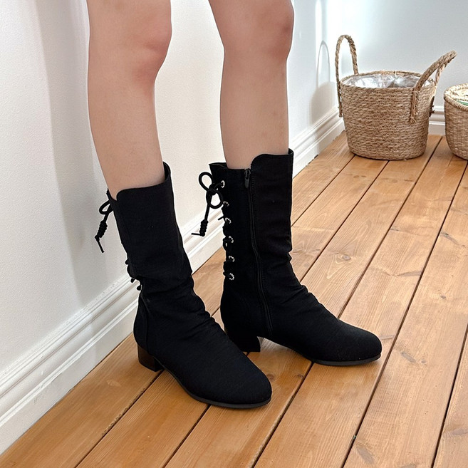 슈리오 여성 백리본 레이스업 코튼 부츠 3cm