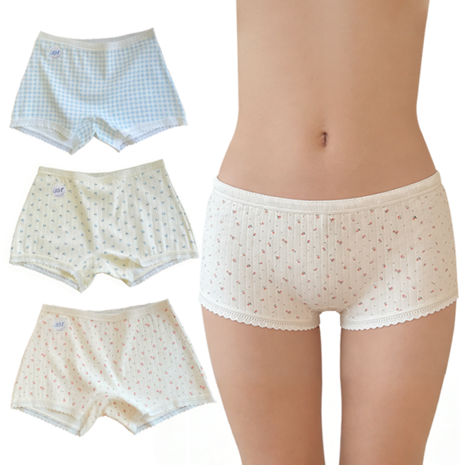 Allilio 여성 사각 팬티 3장 세트 팬티+속바지2in1 100% 순면 안감