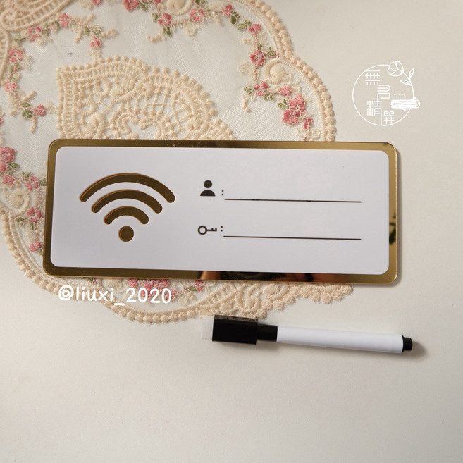 WiFi 告示牌 可重複擦寫 店面網路告示牌 亞克力 咖啡廳工作室櫃台適用, 1個, 白色—橫式款（送筆）立體金邊
