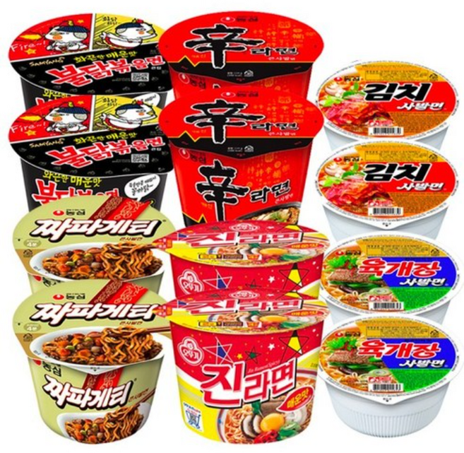 컵라면 6종 세트 (신라면 2p + 진라면 매운맛 2p + 육개장 사발면 2p + 김치 사발면 2p + 불닭볶음면 2p + 짜파게티2p), 1개