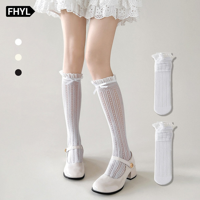 프릴 레이스 양말 시스루 봄 여름 무지 중목 종아리 양말 2켤레