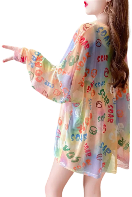 여름 티셔츠 여성 망사 시스루 긴팔 상의 Women's T-shirt