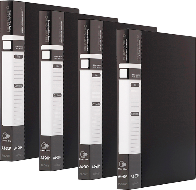 프로비즈 3공 O링 클리어파일 바인더화일 20매, 4개, 블랙