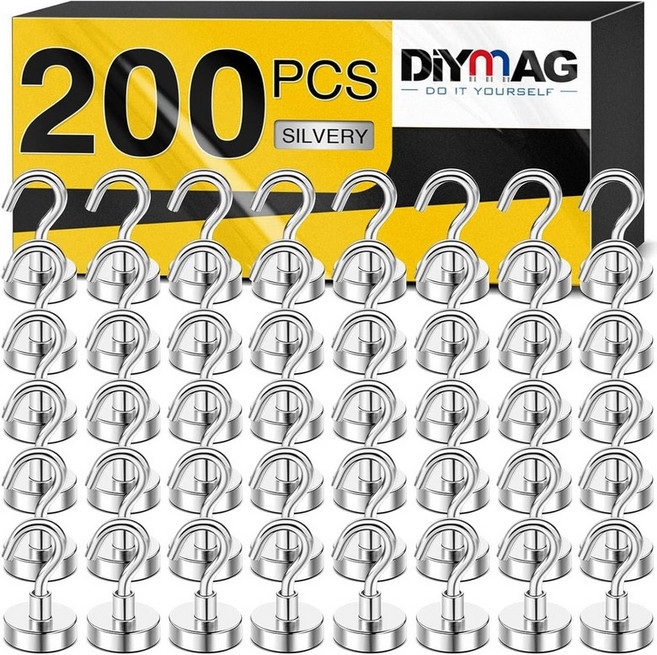 DIYMAG 마그네틱 후크 30파운드 이상 자석 2026 크루즈 선실 필수품 헤비 듀티 강력 냉장고 걸이 교실 해변 휴가용 주방 그릴 홈 6팩블랙, Silver, 200Pack 30Lbs+