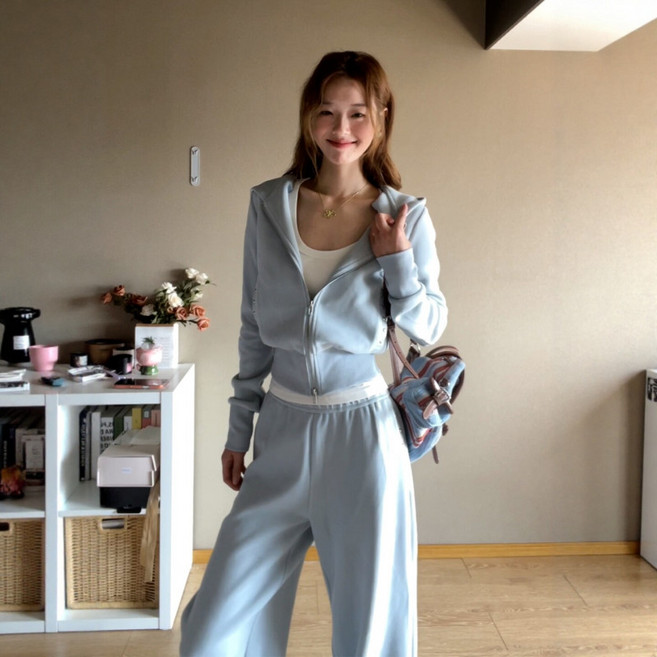 여성 벨벳 후드집업 세트 기모 트레이닝복 와이드 팬츠 투피스 루즈핏 가을 겨울