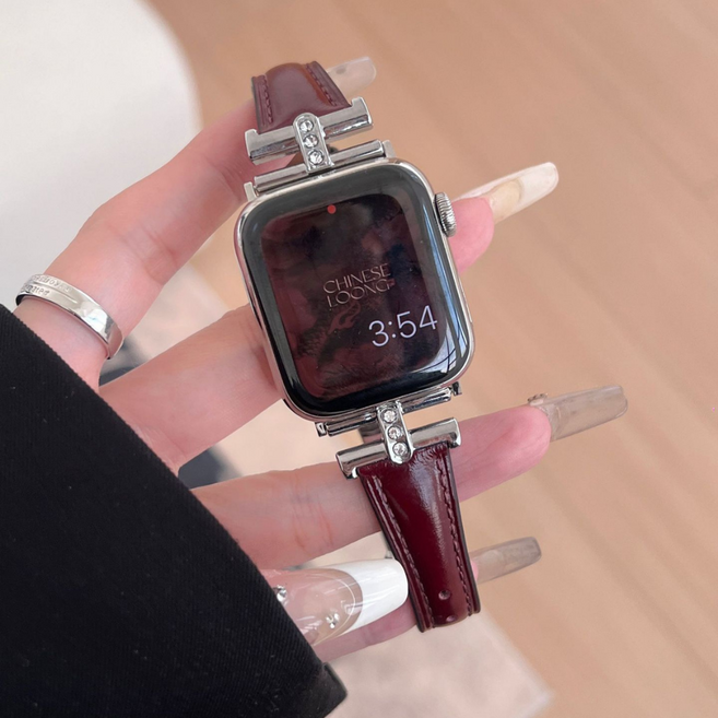애플워치 호환 슬림 여성 보석 가죽 스트랩, 와인, 1개