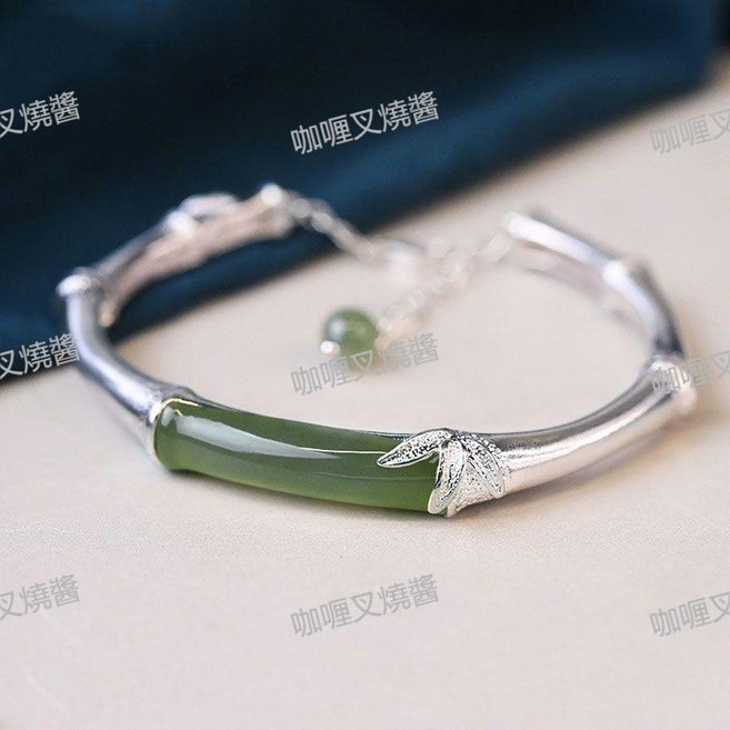 S925純銀 復古竹節竹葉手鐲 天然石活口可調節手環