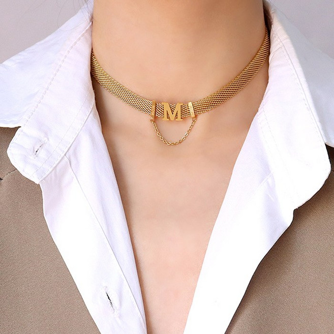ZCT001ft 써지컬 알파벳 M 포인트 메쉬 초커 써지컬스틸 패션 코디 스타일링 목걸이
