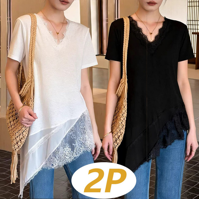1+1 여성 빅사이즈 언발란스 반팔 티셔츠 레이스 배색 쉬폰 루즈핏 체형커버 롱 상의