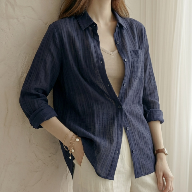 ANDF 여성 루즈핏 시스루 블라우스 긴팔 셔츠 뒷트임 여리핏 데일리