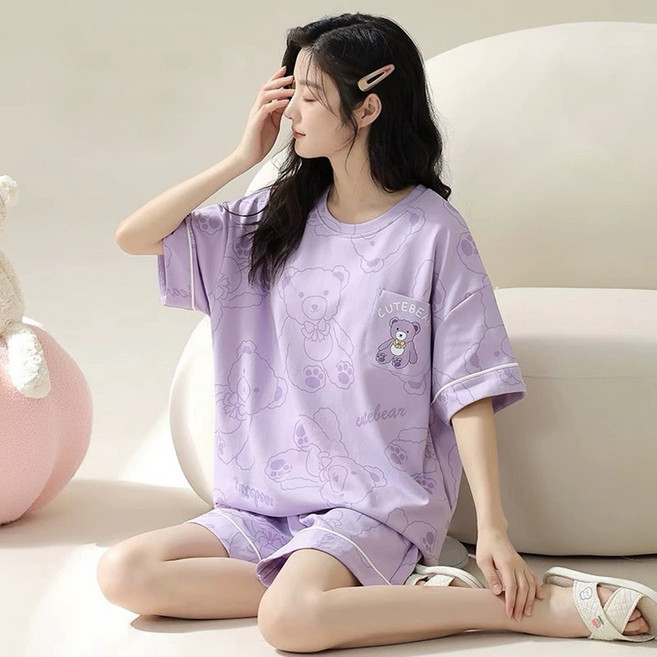 自帶胸墊一體夏季輕薄純棉女睡衣套装 居家服套裝
