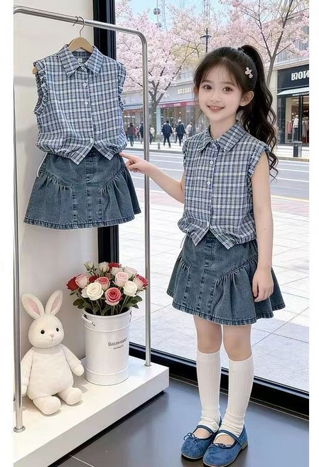 女童格子無袖襯衫牛仔裙套裝
