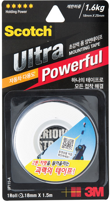 3M 초강력 폼 양면 테이프 UP115A 18mm 1.5m 다용도 아크릴 플라스틱 금속용, 1개