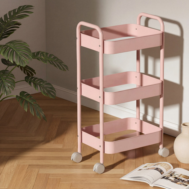 Dune 철제 메쉬 트롤리 이동식 수납 선반 바퀴형 다용도 거실 주방 인테리어 카트, 3단, 분홍색