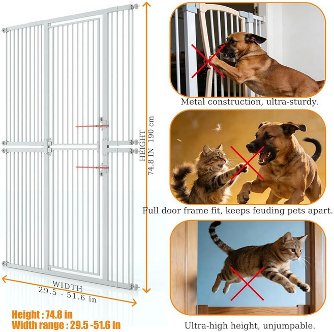 [아마존4.5+ 미국출고 207760] 190cm(75인치) 고양이용 엑스트라 톨 반려동물 게이트 74.9-131.1cm(29.5-51인치) 와이드 캣 8개의 압력 볼트 드, [아마존4.5+ 미국출고 207760] 190cm(75