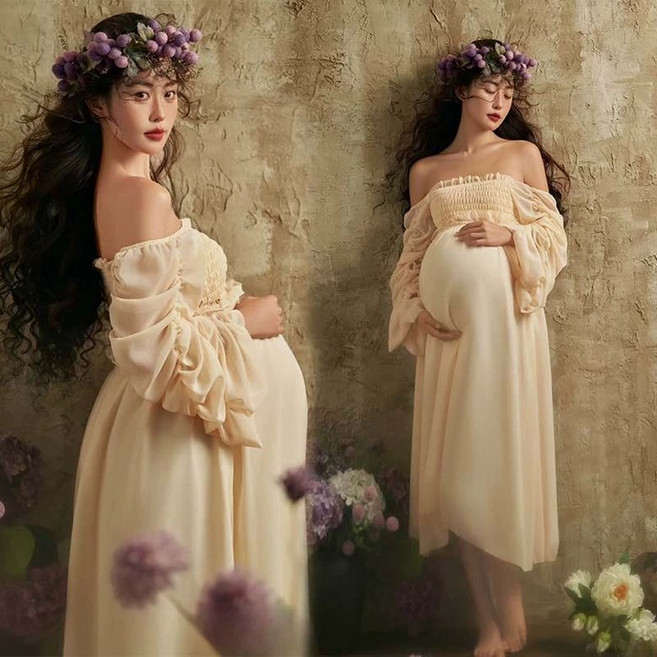 블랙 만삭 촬영 옷 주수 투피스 사진 오프숄더 임산부, 브라운 드레스