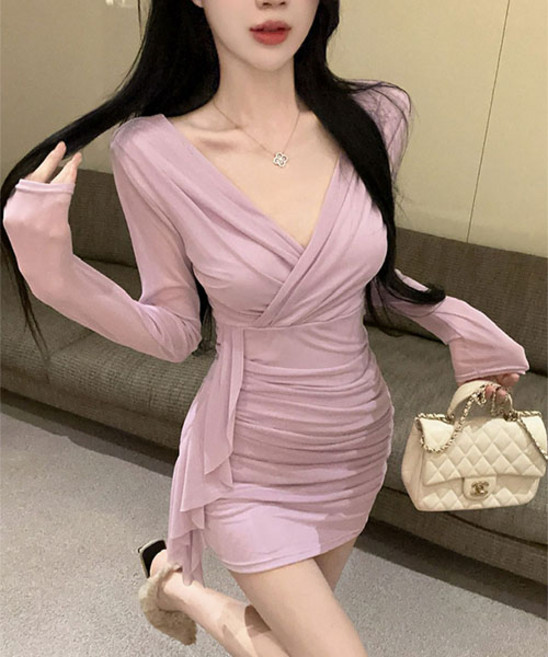 [루씨앤] 나나 여성 섹시원피스 하객룩 홀복 미니 긴팔 랩 슬림 셔링 랩 9634