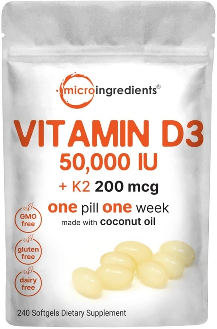 마이크로 인그리디언츠 비타민D3 50000IU & K2(MK7) 200mcg 240소프트젤, 1개 - 쿠팡