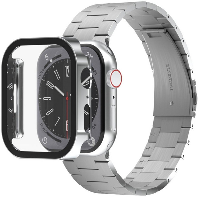 아이메이드잇 애플워치 호환 로이스 메탈 스트랩 + 풀커버 보호 일체형 케이스, 실버