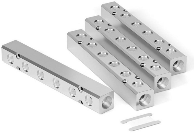 TAILONZ PNEUMATIC 1.3cm(1/2인치) NPT 입력 및 0.6cm(1/4인치) NPT 출력 양방향 션트 알루미늄 블록 공압 매니폴드 공기 분배 블록 압축 공기, 4개, 6 Way 8 Port