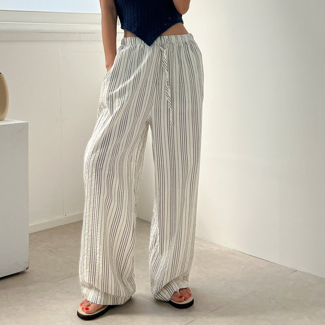 시어서커 줄지 여름 스트라이프 와이드 롱 밴딩 팬츠 2color 비치웨어