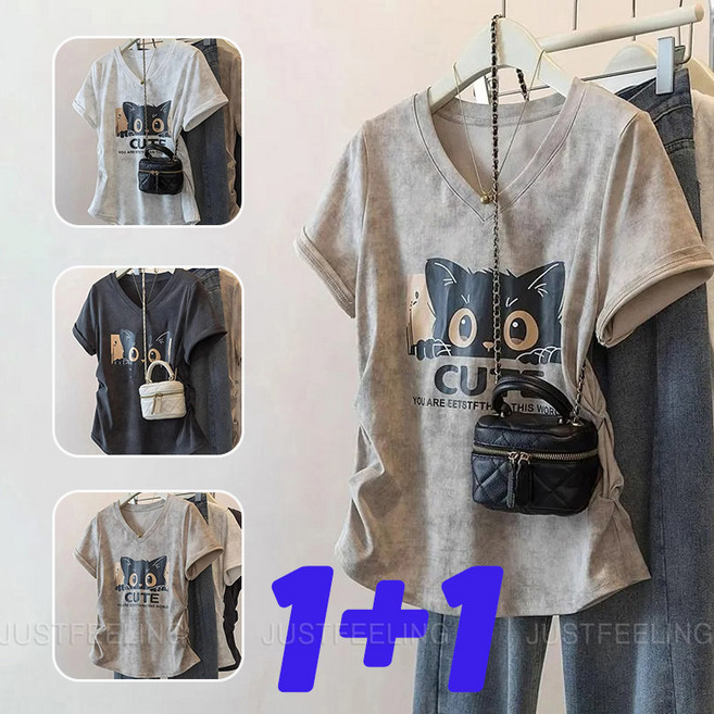 1+1 이너 스판 면티 여성 여름 빅사이즈 캐주얼 스판티 베이직 반소매 슬림 티셔츠 JUSTFEELING