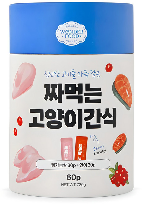 원더푸드 짜먹는 고양이 간식 60p, 혼합맛(닭가슴살/연어), 720g, 1세트