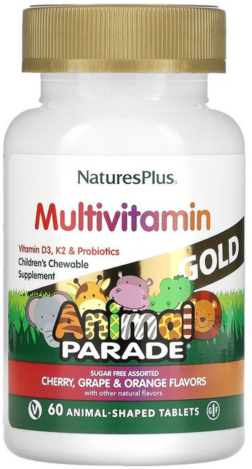 NaturesPlus Source of Life Animal Parade 골드 어린이용 츄어블 종합비타민 및 미네랄 보충제 다양한 맛 동물 모양 60정, 1개
