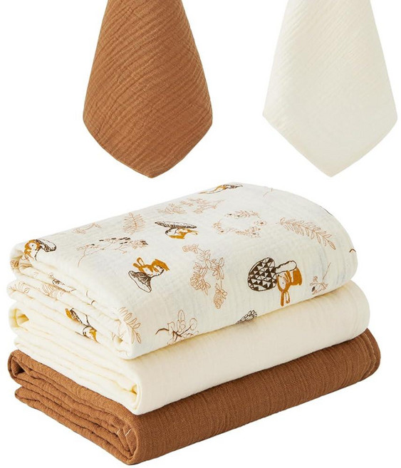 모슬린 포대기 담요 및 아기 트림 천 부드럽고 통기성이 좋은 면 담요 아기방 필수품 신생아를 위한 속싸개 유니 랩 (블루 & 틸) 169470, 베이지 & 카멜, 포레스트