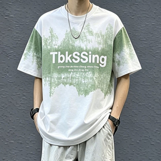 TbkSSing 美式圓領短袖套裝 夏季工裝褲兩件套, 1個, 【單件】潮牌印花短袖白2XL 【建議140-160斤】