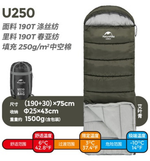 NH Naturehike 睡袋 登山露營可拼接羽絨睡袋, 1個, U250 艾葉青3-6度(極限-10)