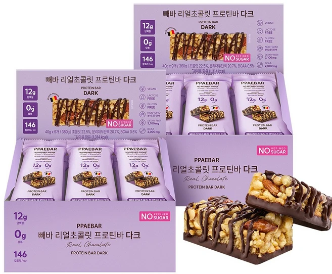 헬시플레이스 빼바 리얼초콜릿 프로틴바 다크 40g 9EA (1박스), 360g, 2개 - 쿠팡