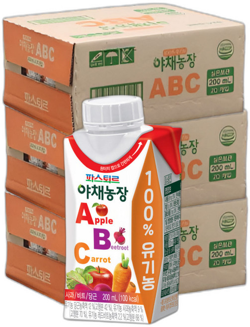 파스퇴르 유기농 100% 실온 야채농장 ABC 주스 200ml (60팩), 60개